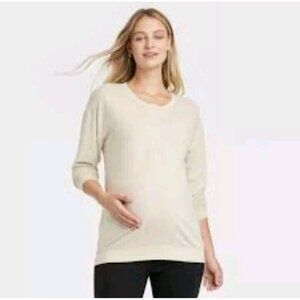 Ingrid & Isabel Maternity Henley Top Beige Pullover 1/2 Button Long Sleeve - XL